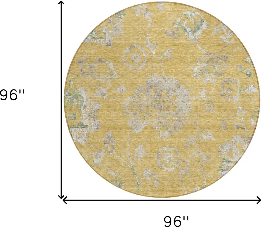 8' Gold Beige And Fern Green Round Floral Washable Indoor Outdoor Area Rug Photo 3