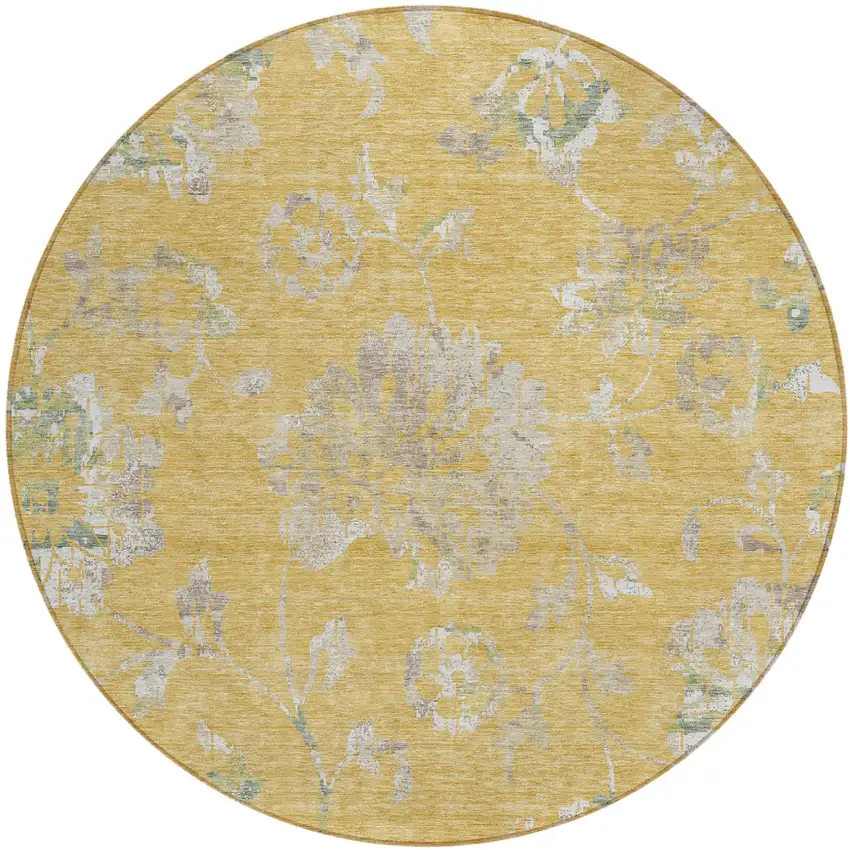 8' Gold Beige And Fern Green Round Floral Washable Indoor Outdoor Area Rug Photo 2