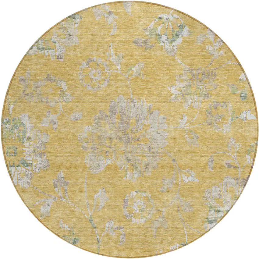 8' Gold Beige And Fern Green Round Floral Washable Indoor Outdoor Area Rug Photo 2