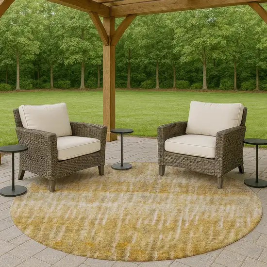 8' Gold Beige And Gray Round Abstract Washable Indoor Outdoor Area Rug Photo 7