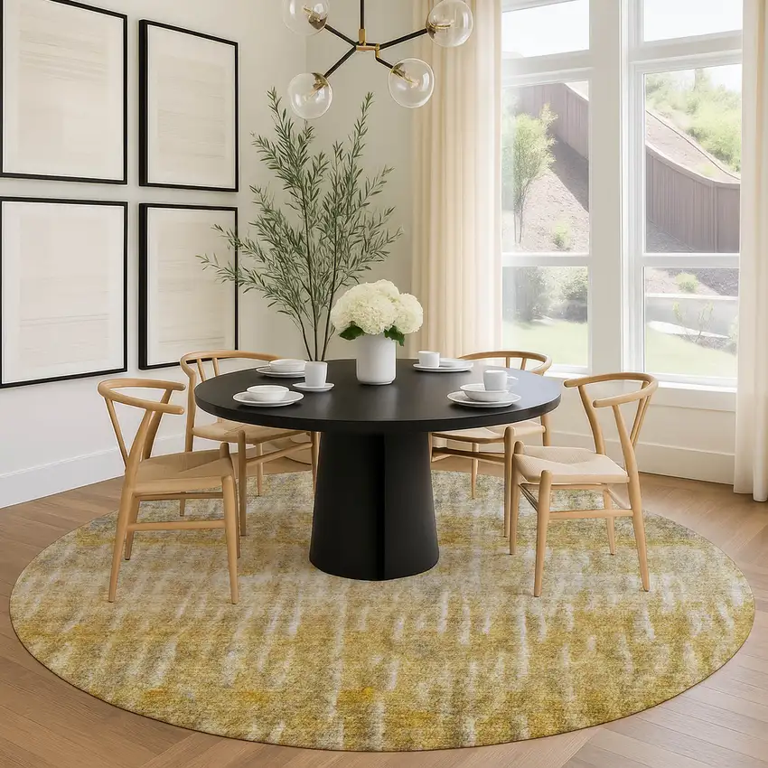 8' Gold Beige And Gray Round Abstract Washable Indoor Outdoor Area Rug Photo 8