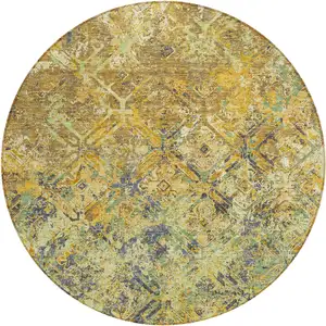 Photo of 8' Gold Beige And Gray Round Geometric Washable Indoor Outdoor Area Rug