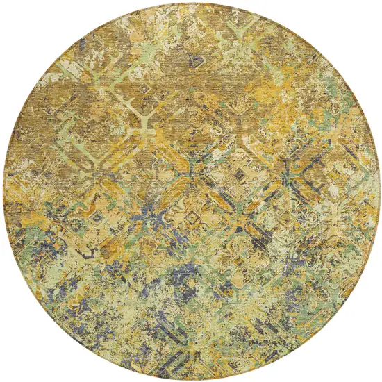 8' Gold Beige And Gray Round Geometric Washable Indoor Outdoor Area Rug Photo 1