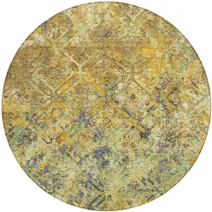 Photo of 8' Gold Beige And Gray Round Geometric Washable Indoor Outdoor Area Rug