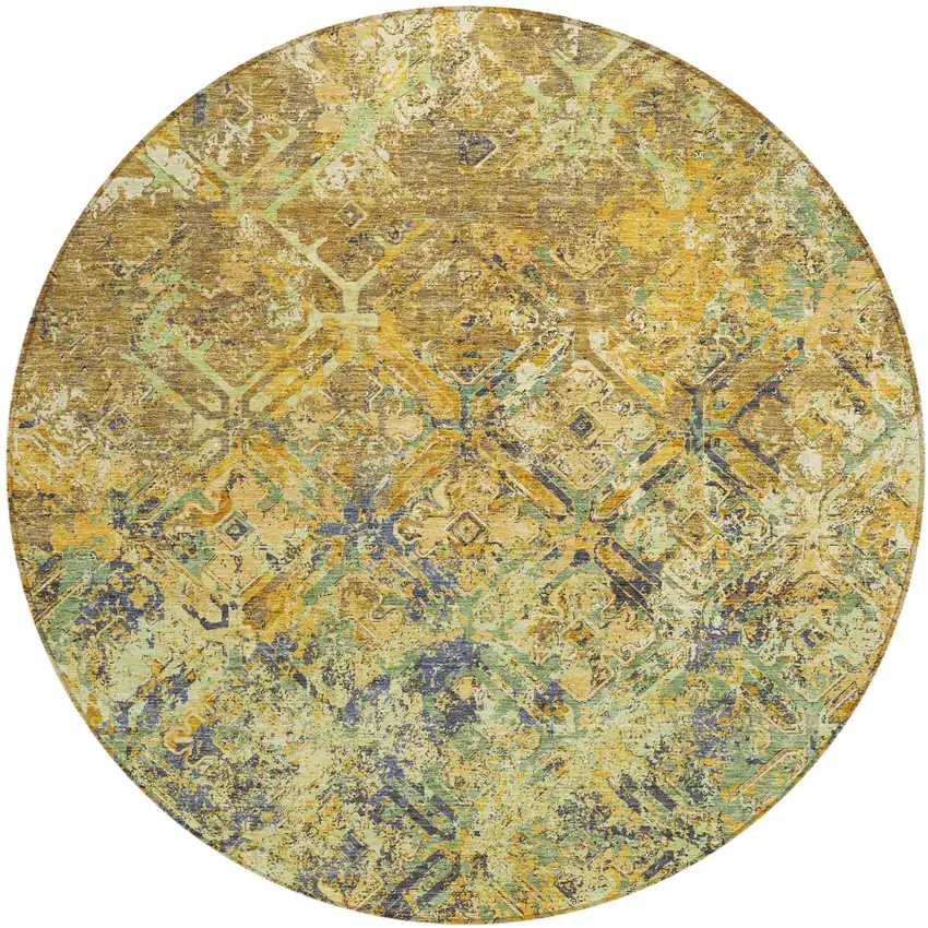 8' Gold Beige And Gray Round Geometric Washable Indoor Outdoor Area Rug Photo 1