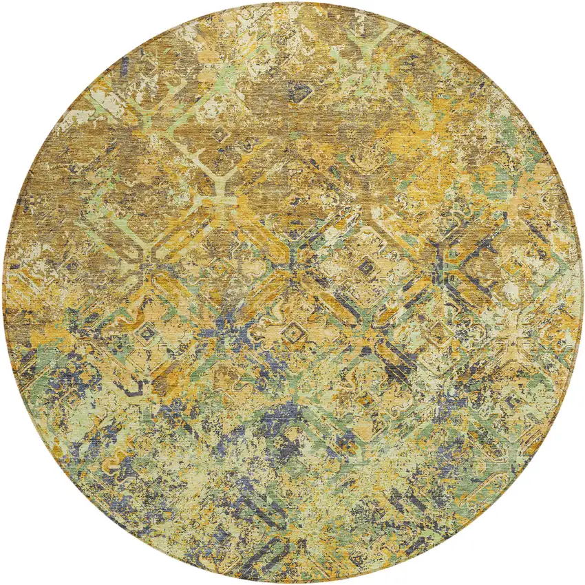 8' Gold Beige And Gray Round Geometric Washable Indoor Outdoor Area Rug Photo 1