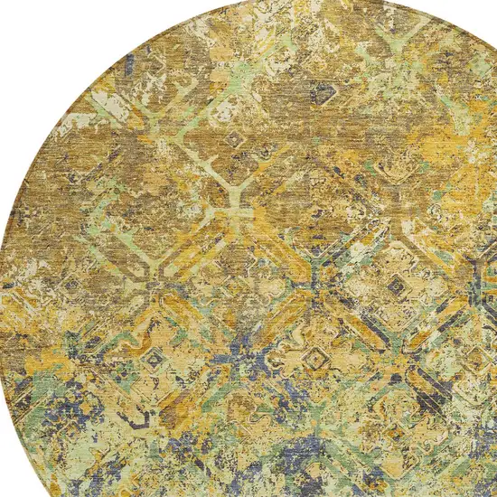 8' Gold Beige And Gray Round Geometric Washable Indoor Outdoor Area Rug Photo 4