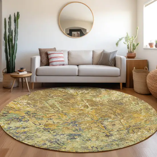 8' Gold Beige And Gray Round Geometric Washable Indoor Outdoor Area Rug Photo 7