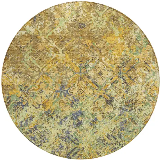 8' Gold Beige And Gray Round Geometric Washable Indoor Outdoor Area Rug Photo 5