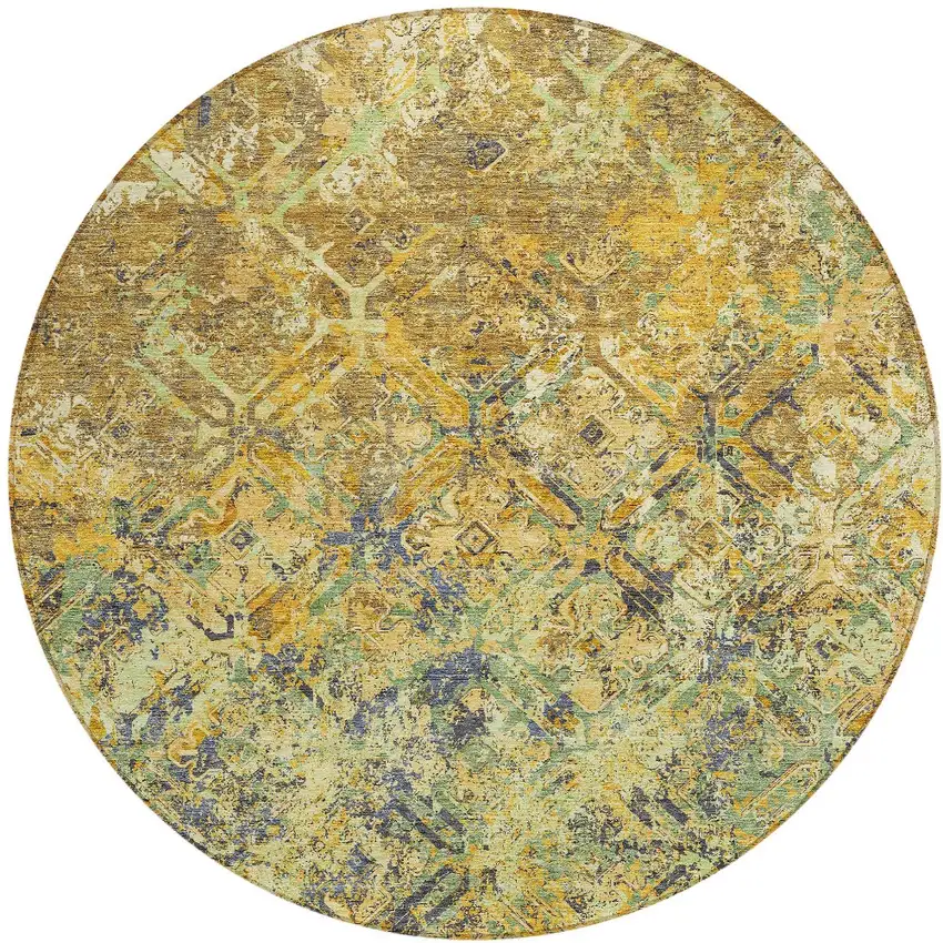 8' Gold Beige And Gray Round Geometric Washable Indoor Outdoor Area Rug Photo 5