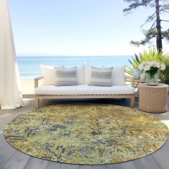 8' Gold Beige And Gray Round Geometric Washable Indoor Outdoor Area Rug Photo 6