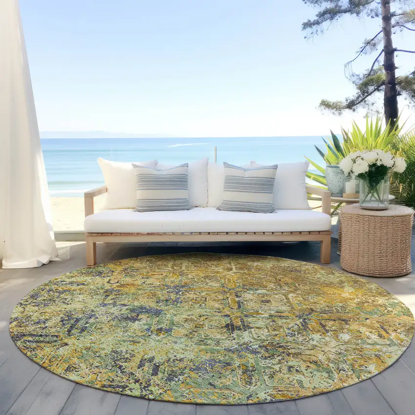 8' Gold Beige And Gray Round Geometric Washable Indoor Outdoor Area Rug Photo 6