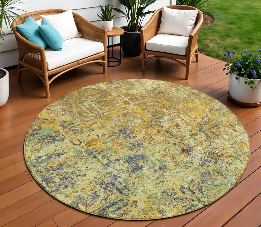 8' Gold Beige And Gray Round Geometric Washable Indoor Outdoor Area Rug Photo 1