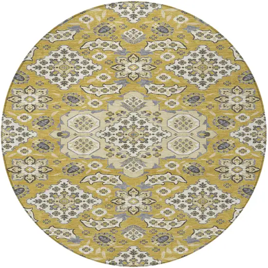 8' Gold Beige And Gray Round Medallion Washable Indoor Outdoor Area Rug Photo 3