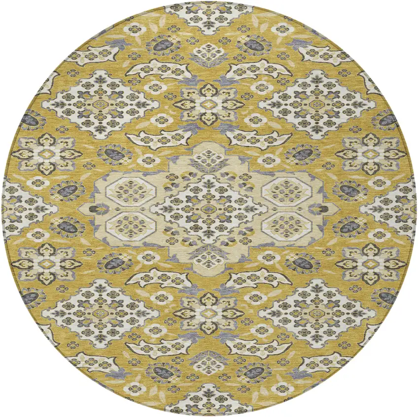 8' Gold Beige And Gray Round Medallion Washable Indoor Outdoor Area Rug Photo 3