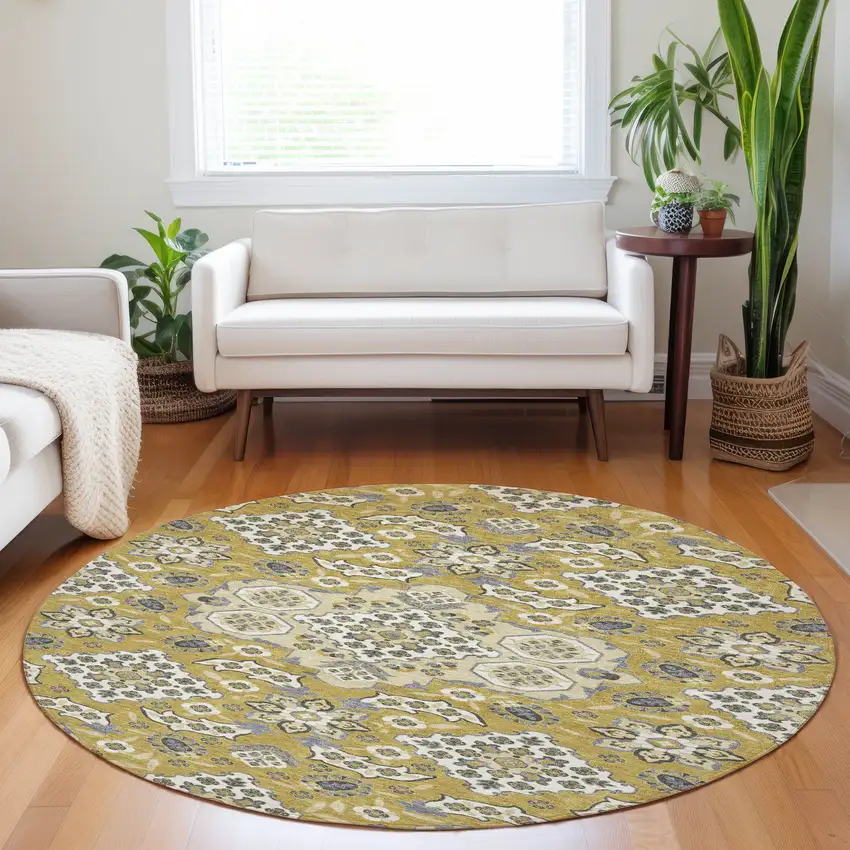 8' Gold Beige And Gray Round Medallion Washable Indoor Outdoor Area Rug Photo 6