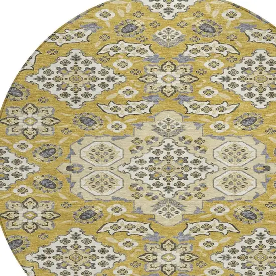 8' Gold Beige And Gray Round Medallion Washable Indoor Outdoor Area Rug Photo 4