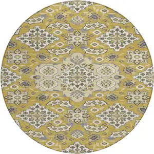 Photo of 8' Gold Beige And Gray Round Medallion Washable Indoor Outdoor Area Rug
