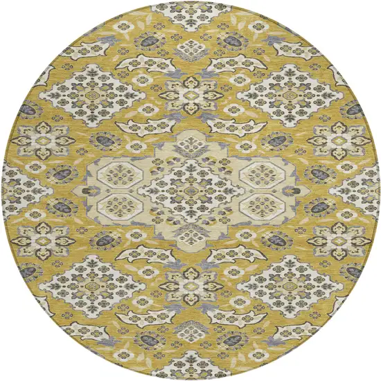 8' Gold Beige And Gray Round Medallion Washable Indoor Outdoor Area Rug Photo 1