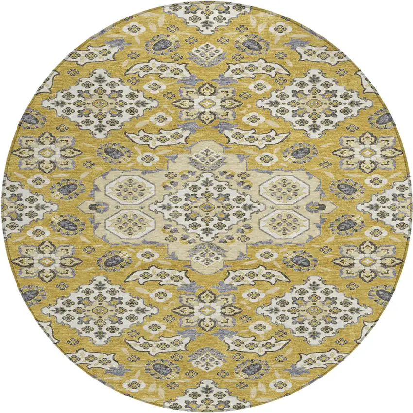8' Gold Beige And Gray Round Medallion Washable Indoor Outdoor Area Rug Photo 1