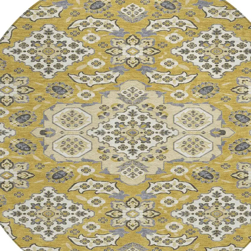 8' Gold Beige And Gray Round Medallion Washable Indoor Outdoor Area Rug Photo 7