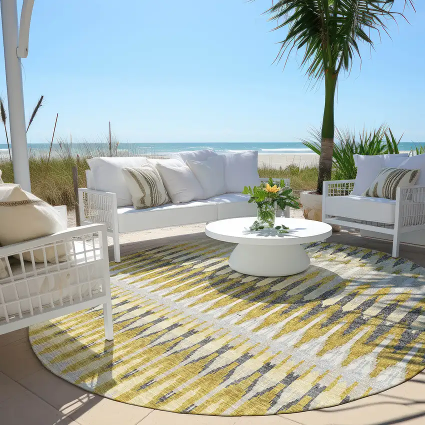8' Gold Beige And Gray Round Southwestern Washable Indoor Outdoor Area Rug Photo 8
