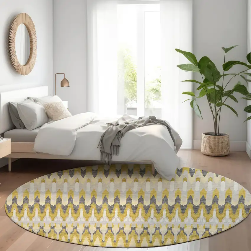 8' Gold Beige And Gray Round Southwestern Washable Indoor Outdoor Area Rug Photo 9