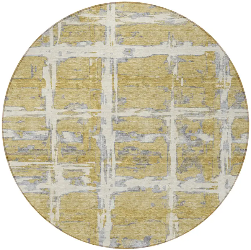 8' Gold Beige And Gray Round Striped Washable Indoor Outdoor Area Rug Photo 6
