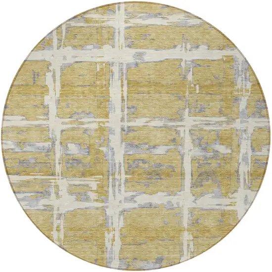 8' Gold Beige And Gray Round Striped Washable Indoor Outdoor Area Rug Photo 6