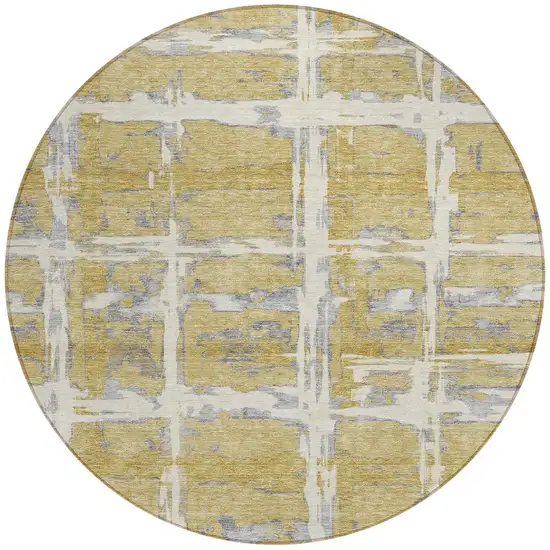 8' Gold Beige And Gray Round Striped Washable Indoor Outdoor Area Rug Photo 5