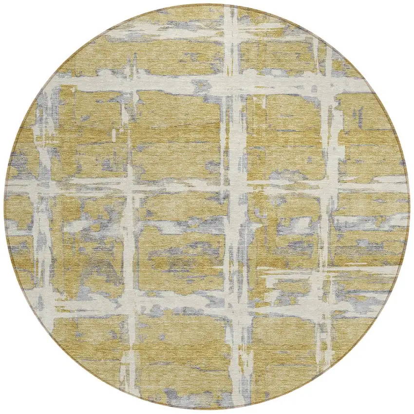 8' Gold Beige And Gray Round Striped Washable Indoor Outdoor Area Rug Photo 5