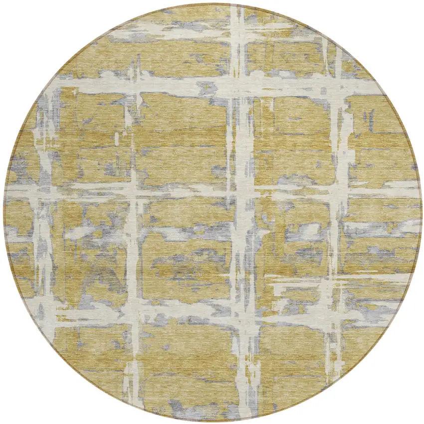 8' Gold Beige And Gray Round Striped Washable Indoor Outdoor Area Rug Photo 1