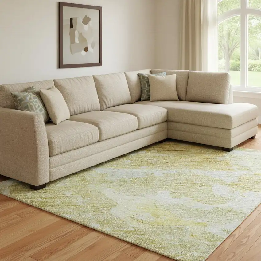 8' Gold Beige And Ivory Abstract Washable Area Rug With UV Protection Photo 2