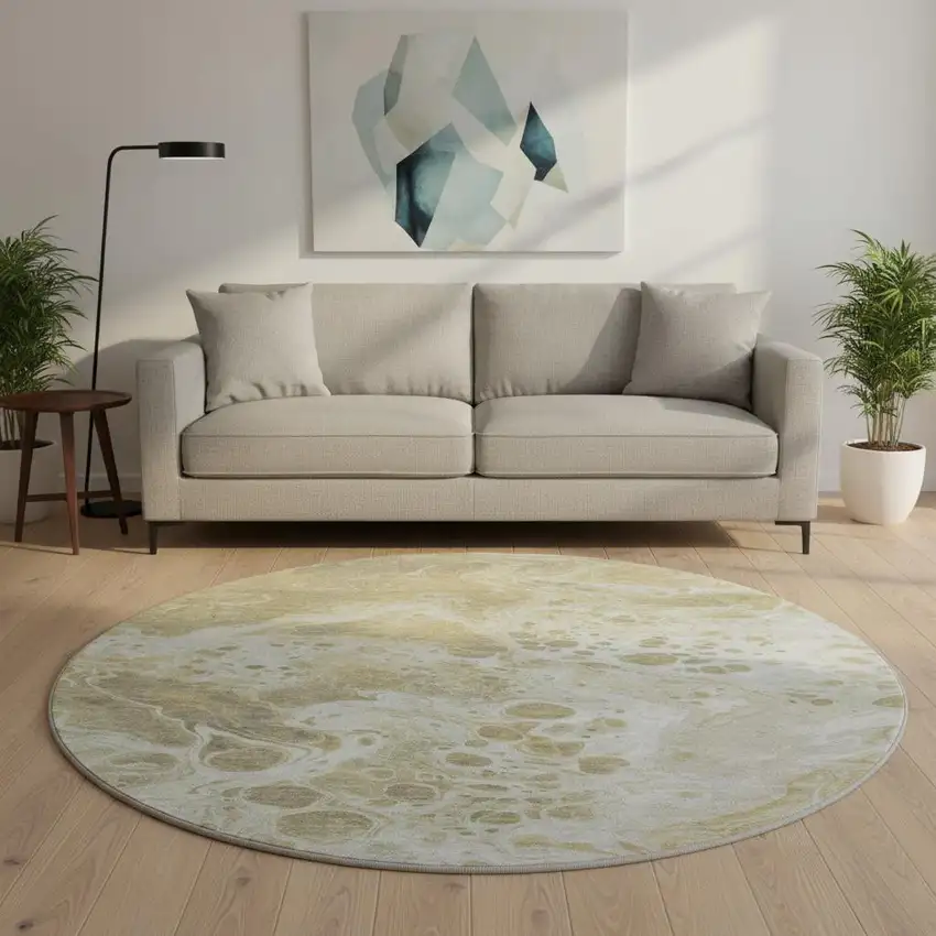 8' Gold Beige And Ivory Abstract Washable Round Rug With UV Protection Photo 2
