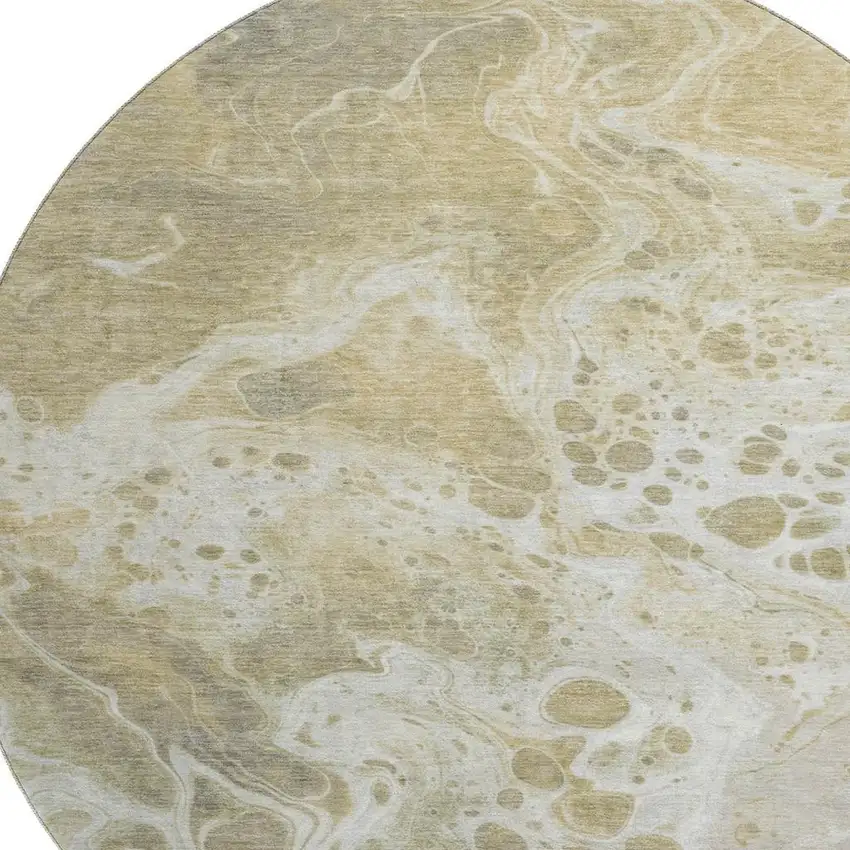 8' Gold Beige And Ivory Abstract Washable Round Rug With UV Protection Photo 3