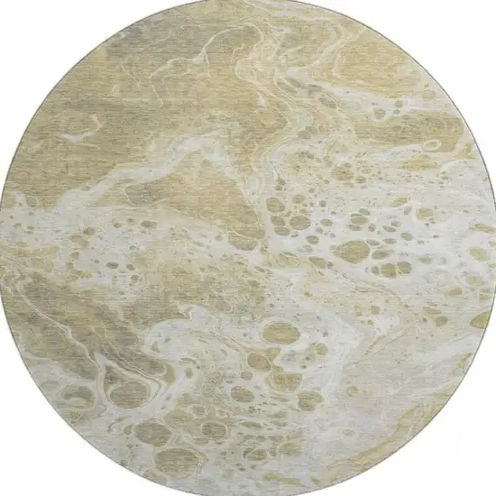 8' Gold Beige And Ivory Abstract Washable Round Rug With UV Protection Photo 3