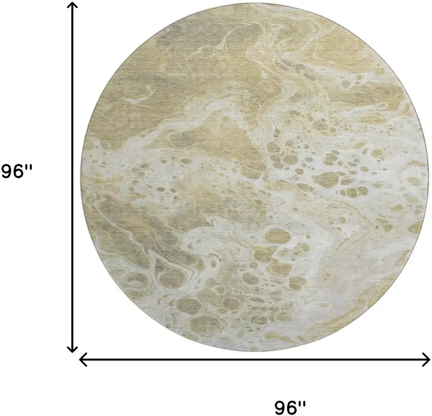 8' Gold Beige And Ivory Abstract Washable Round Rug With UV Protection Photo 9