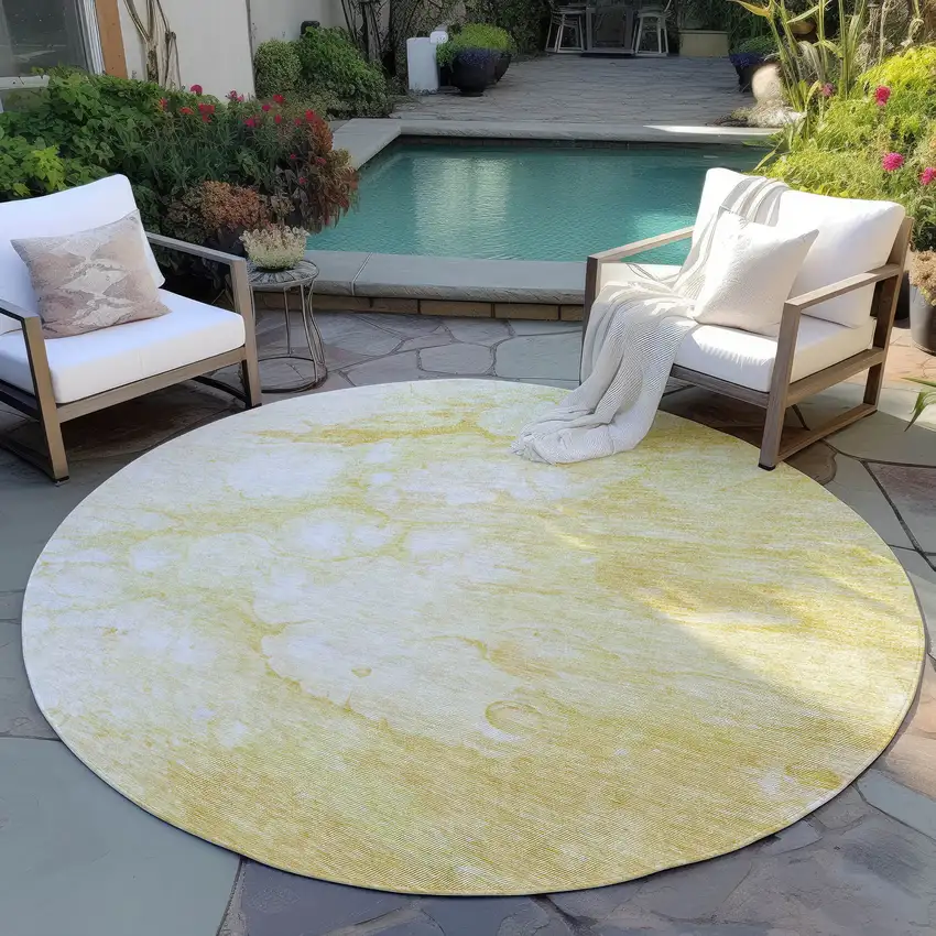 8' Gold Beige And Ivory Round Abstract Washable Indoor Outdoor Area Rug Photo 6