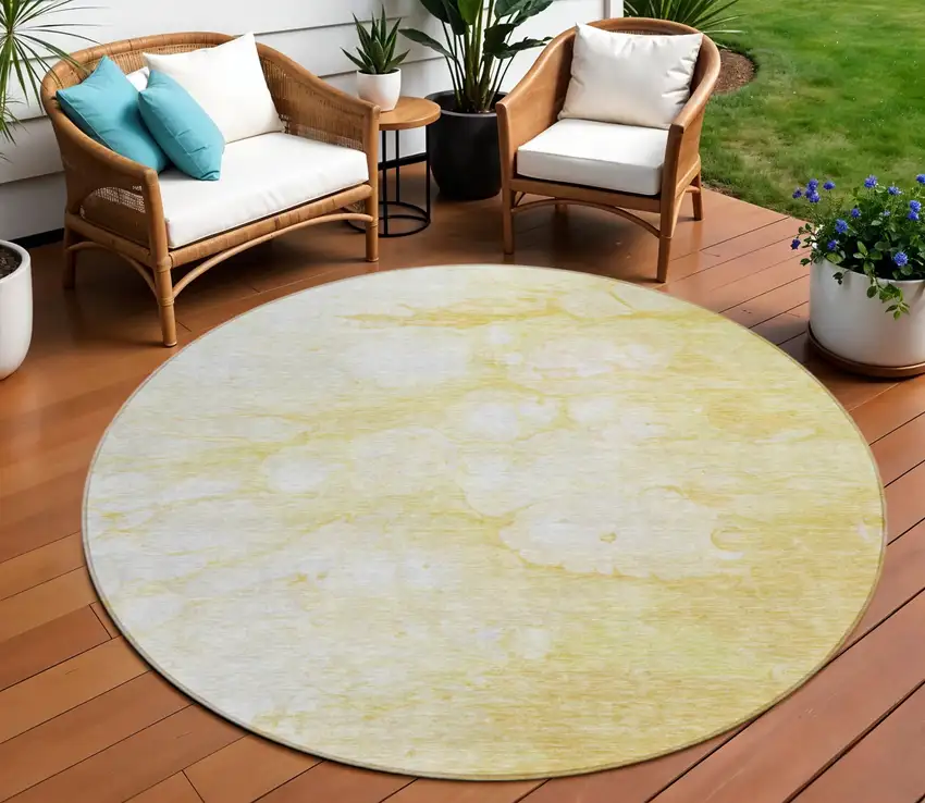 8' Gold Beige And Ivory Round Abstract Washable Indoor Outdoor Area Rug Photo 1