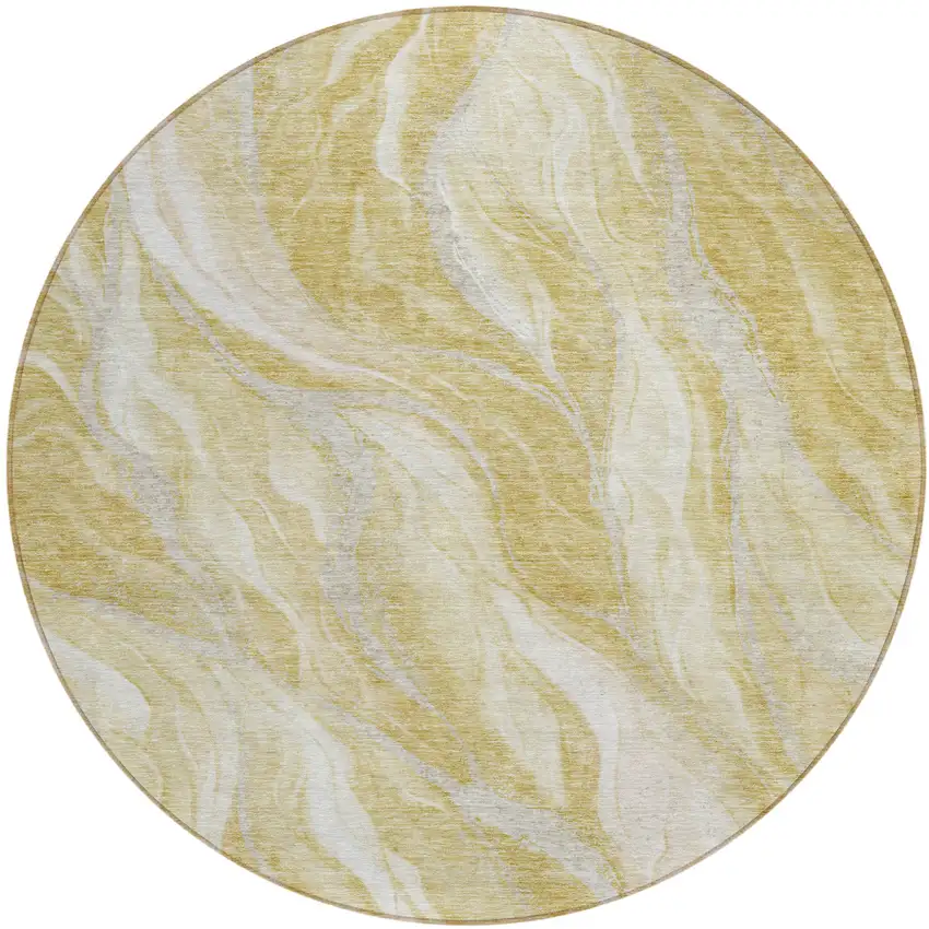 8' Gold Beige And Ivory Round Abstract Washable Indoor Outdoor Area Rug Photo 1