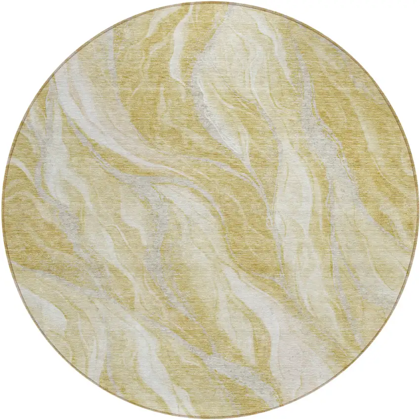 8' Gold Beige And Ivory Round Abstract Washable Indoor Outdoor Area Rug Photo 1