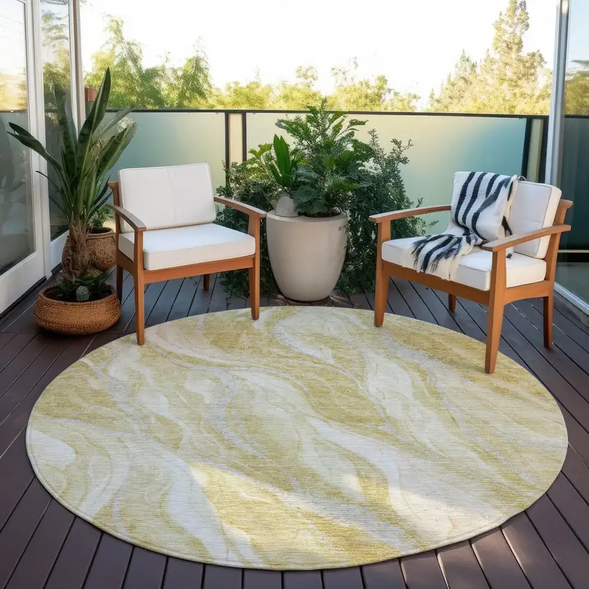 8' Gold Beige And Ivory Round Abstract Washable Indoor Outdoor Area Rug Photo 6