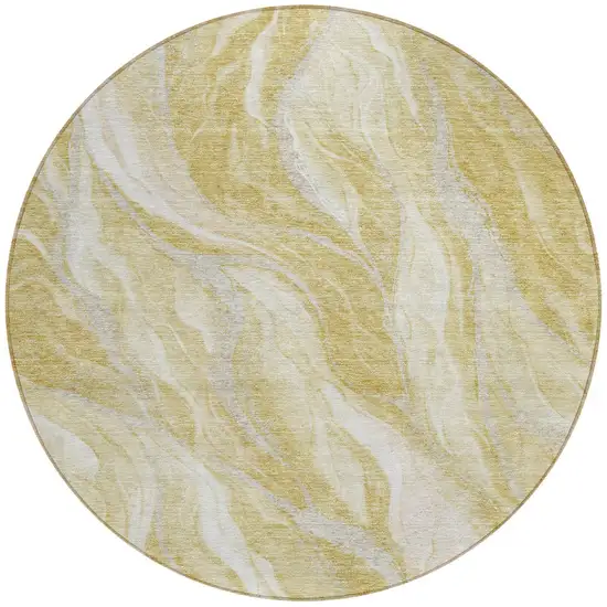 8' Gold Beige And Ivory Round Abstract Washable Indoor Outdoor Area Rug Photo 5