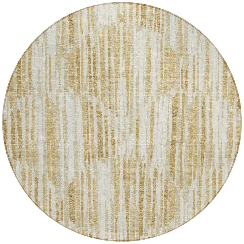 8' Gold Beige And Ivory Round Abstract Washable Indoor Outdoor Area Rug Photo 4