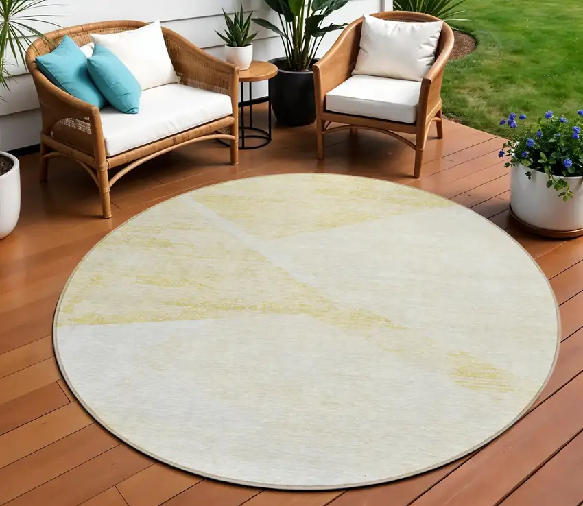 8' Gold Beige And Ivory Round Abstract Washable Indoor Outdoor Area Rug Photo 1