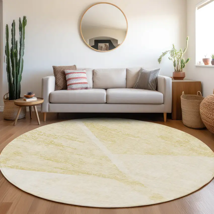 8' Gold Beige And Ivory Round Abstract Washable Indoor Outdoor Area Rug Photo 7