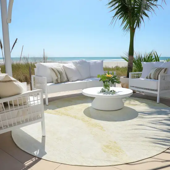 8' Gold Beige And Ivory Round Abstract Washable Indoor Outdoor Area Rug Photo 6