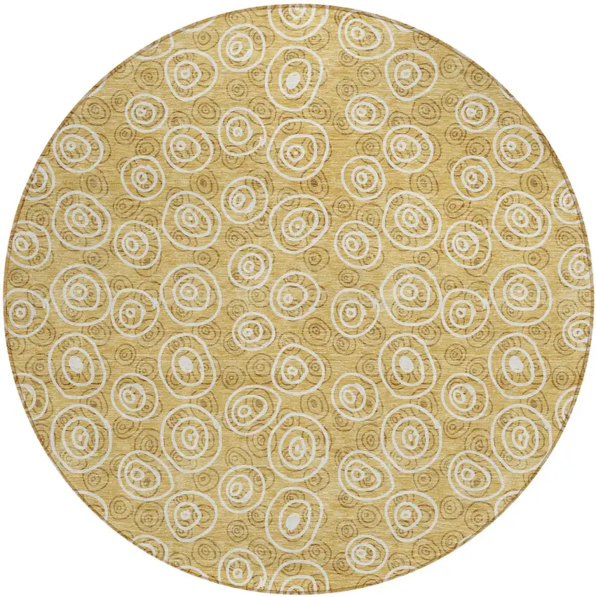 8' Gold Beige And Ivory Round Geometric Washable Indoor Outdoor Area Rug Photo 2