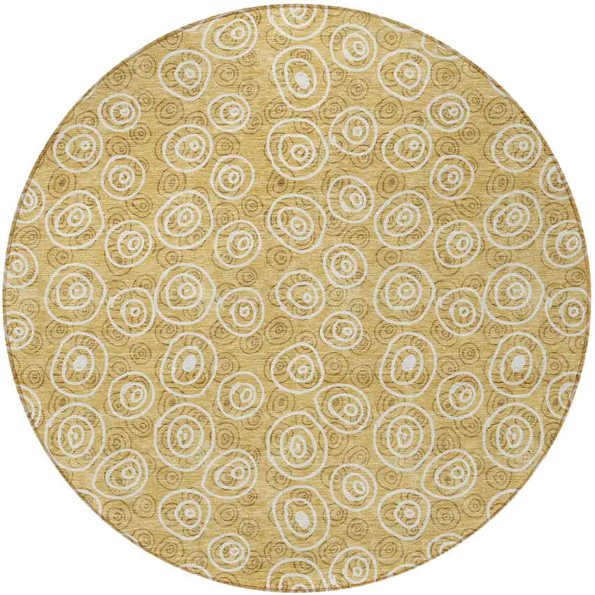 8' Gold Beige And Ivory Round Geometric Washable Indoor Outdoor Area Rug Photo 6