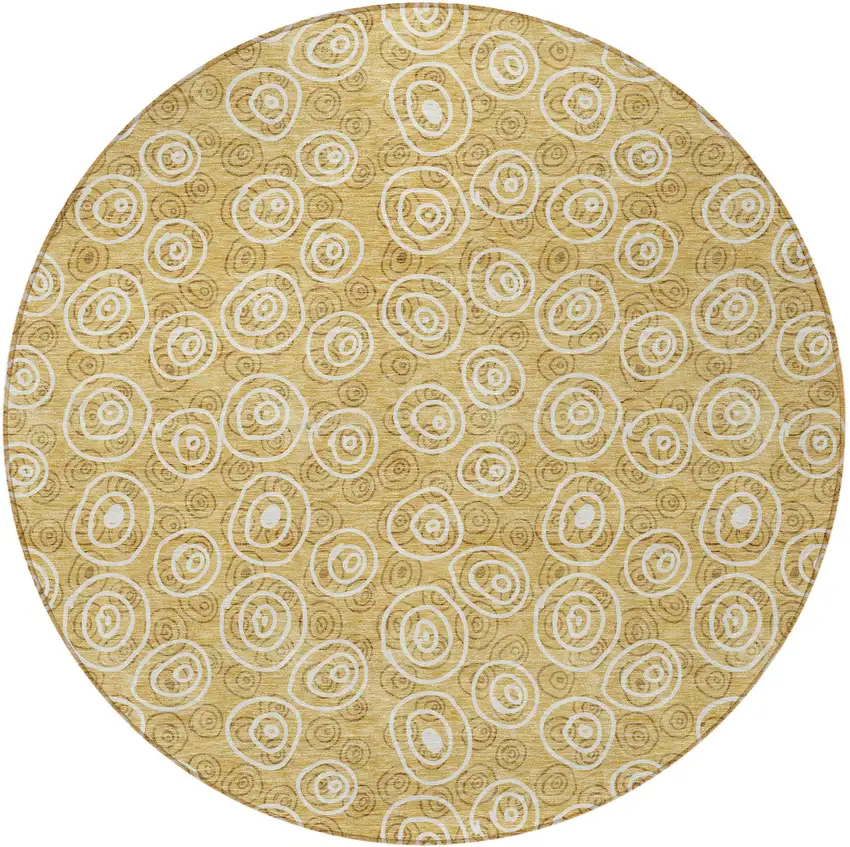 8' Gold Beige And Ivory Round Geometric Washable Indoor Outdoor Area Rug Photo 6